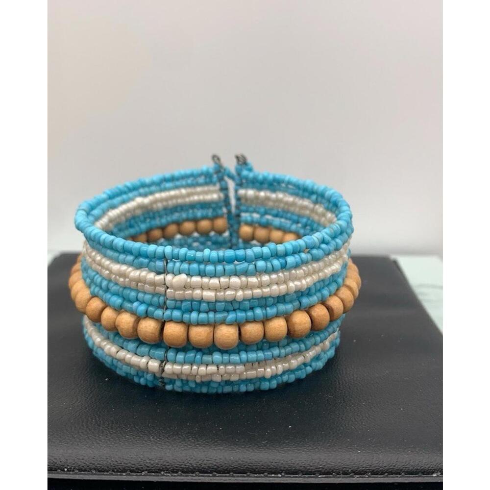 Vintage Handmade Blue, MOP, & Brown Seed Bead Cuff Memory Wire Beaded Bracelet
